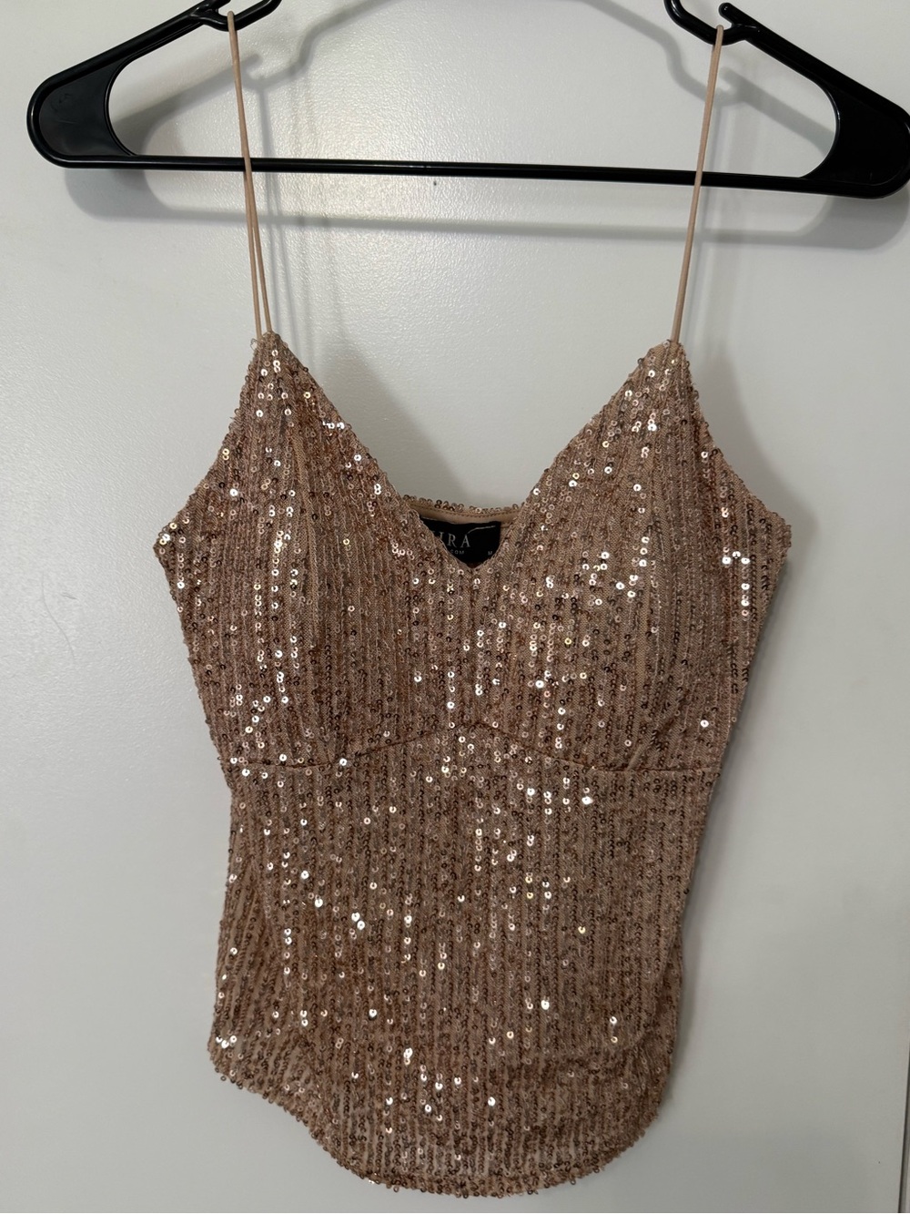 AKIRA Rose Gold Sequin Spaghetti Strap Tank